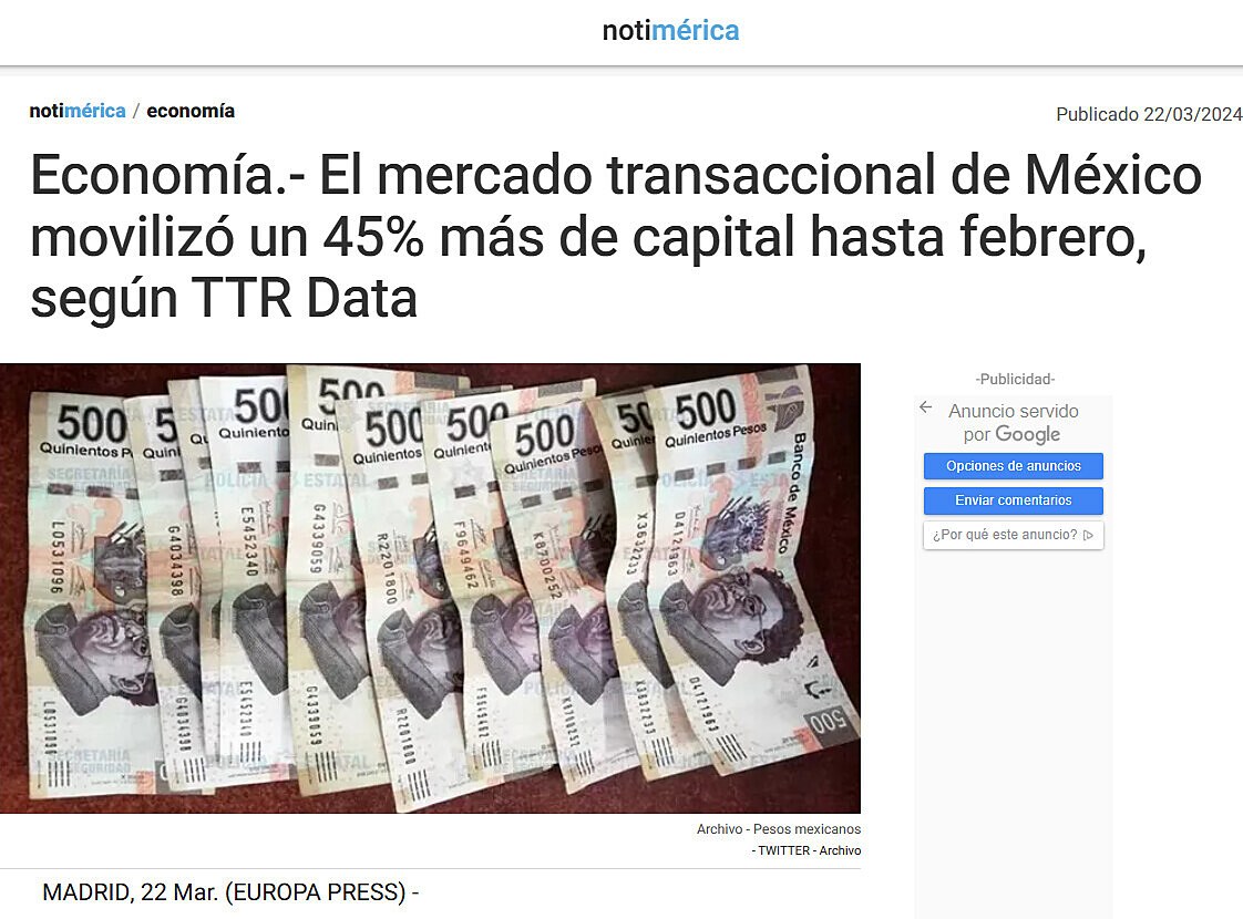 Economa.- El mercado transaccional de Mxico moviliz un 45% ms de capital hasta febrero, segn TTR Data